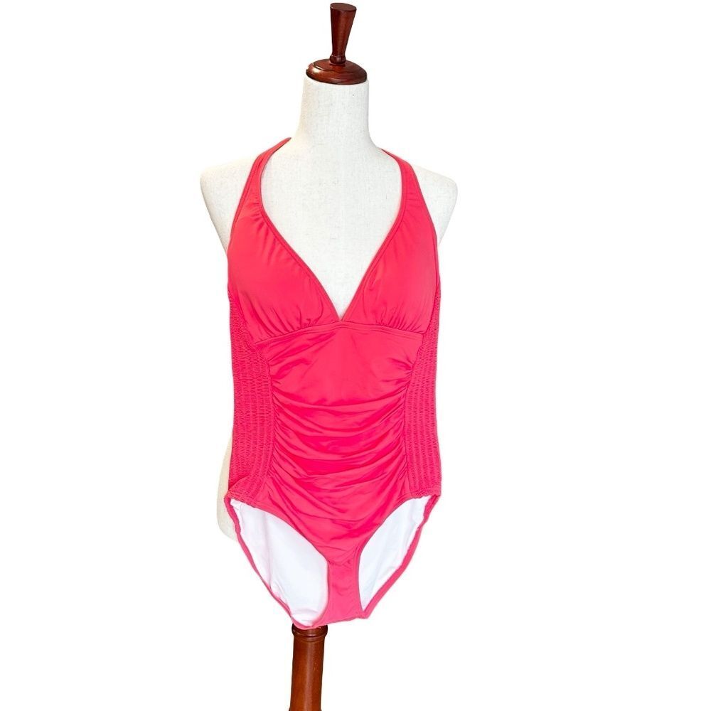 Carmen Marc Valvo One-Piece Swimsuit Waterfall Smocked Halter Size 10